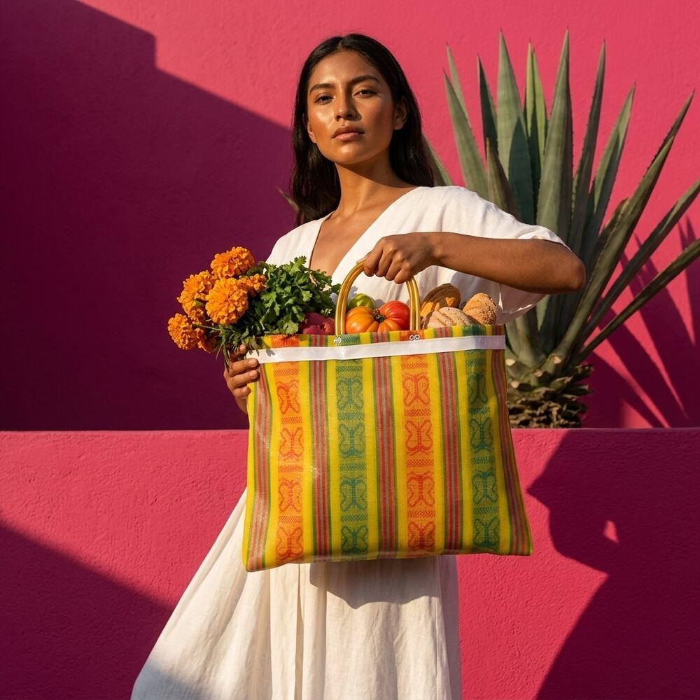 Traditional Mexican Tote Bag – Colorful Reusable Plastic 18 X 14 in non gusseted